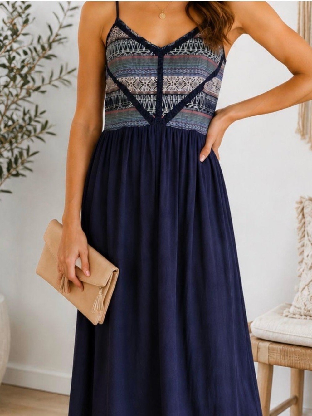 EUC Altar’d State Navy Embroidered Maxi Dress